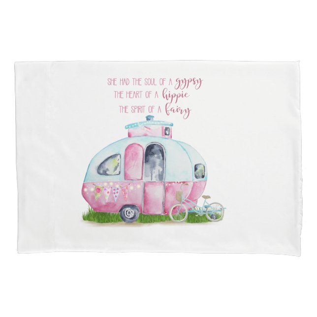 Retro Camper Caravan Pink and White Pillow Case (Front)