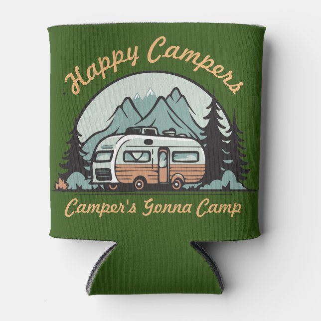 Retro Camper Illustration Camping Can Cooler (Front)