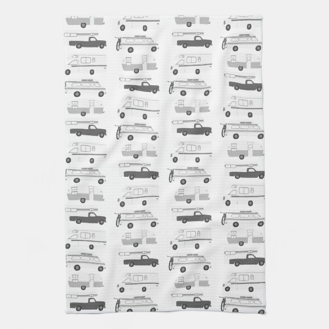 Retro Camper Motorhome RV Vanlife Black Grey White Kitchen Towel (Vertical)