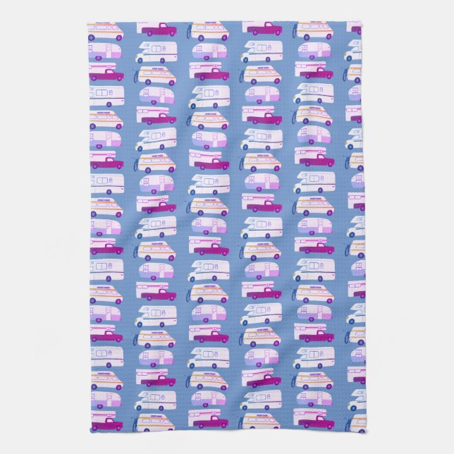Retro Camper Motorhome RV Vanlife Blue Purple Kitchen Towel (Vertical)