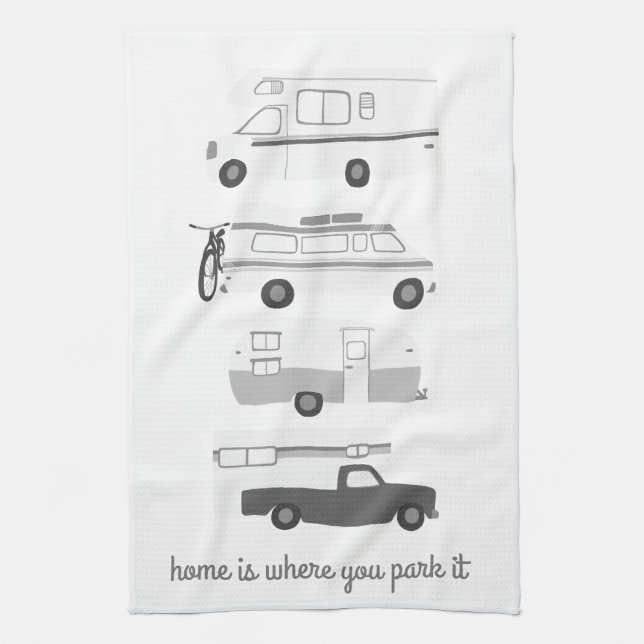 Retro Camper Motorhome RV Vanlife Grey White Kitchen Towel (Vertical)