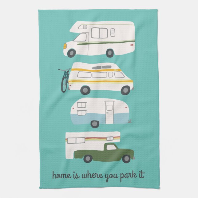 Retro Camper Motorhome RV Vanlife Teal Kitchen Towel (Vertical)