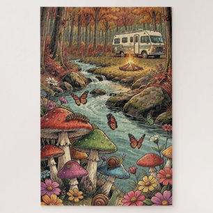 Retro Camper, Mushrooms, Stream and Flowers Jigsaw Puzzle