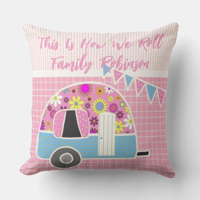 Retro Camper Pink Blue Personalized Throw Pillow (Front)