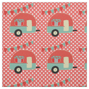 Retro Camper Red Aqua Polkadot Pattern Fabric