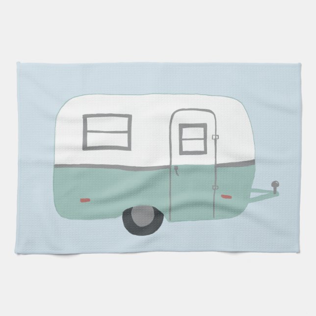 Retro Camper Trailer blue kitchen towel (Horizontal)