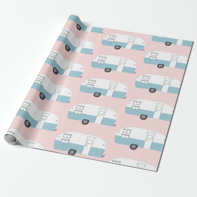 Retro Camper Trailer pink wrapping paper (Unrolled)