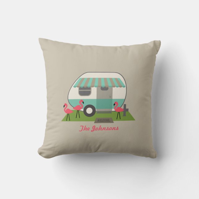 Retro Camper With Flamingos Pillow (Front)