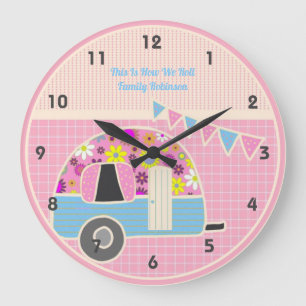 Retro Campervan Pink Blue Hipster Shabby Chic Large Clock