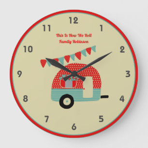 Retro Campervan Red Turquoise Shabby Chic Large Clock