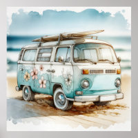 Retro Campervan With Hippie Flowers and Surfboard