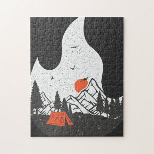 Retro Camping Camper Campfire Sunset Mountains Jigsaw Puzzle