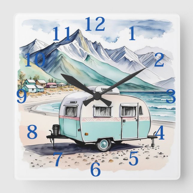 Retro Camping Caravan Beach Scene Square Wall Clock (Front)