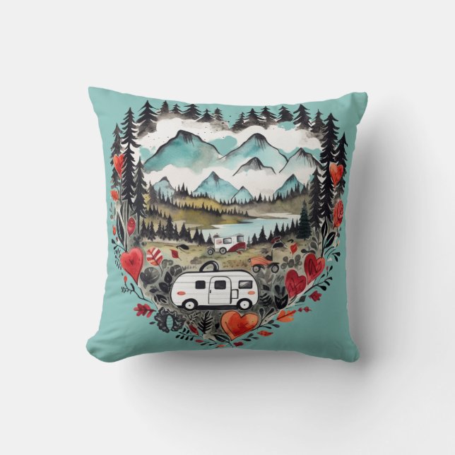 Retro Camping Heart Watercolor Throw Pillow (Front)