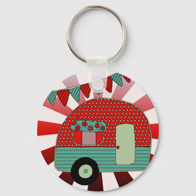 Retro Camping Party Supplies Custom Red Green Dots Keychain (Front)