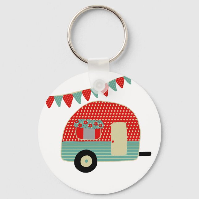 Retro Camping Party Supplies Custom Red Green Dots Keychain (Front)