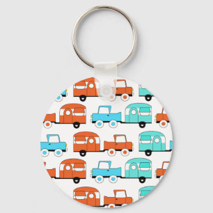 Retro Camping Trailer Turquoise Orange Vintage Car Keychain