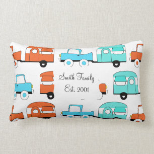 Retro Camping Trailer Turquoise Orange Vintage Car Lumbar Pillow