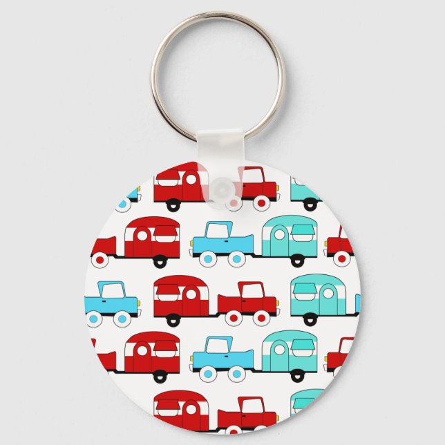Retro Camping Trailer Turquoise Red Vintage Cars Keychain (Front)
