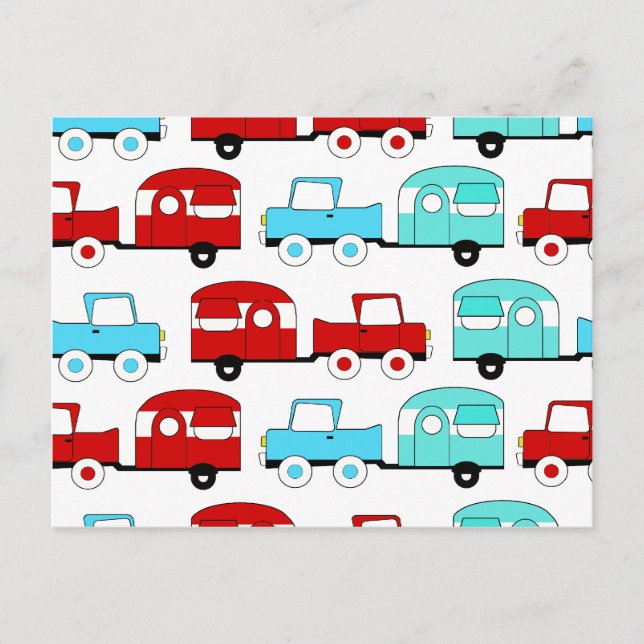 Retro Camping Trailer Turquoise Red Vintage Cars Postcard (Front)