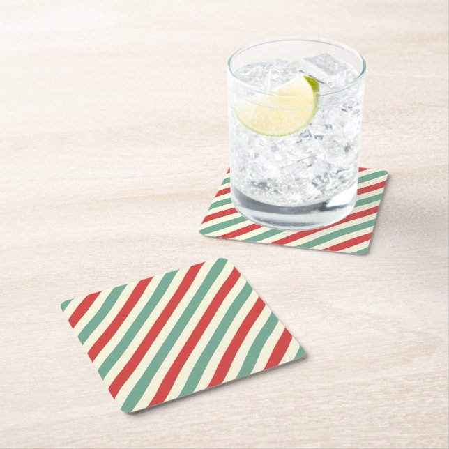 Retro Candy Cane Christmas Stripes Red Green Square Paper Coaster (Insitu)