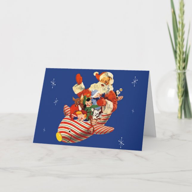 Retro Candy Rocket Santa Card (Front)