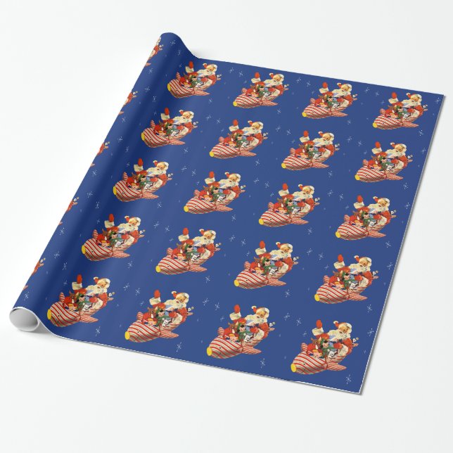 Retro Candy Rocket Santa Wrapping Paper (Unrolled)