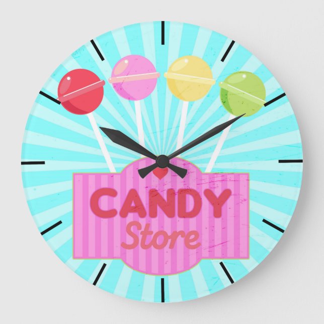 Retro Candy Store Pastel Coloured Lollipops Design Large Clock (Front)