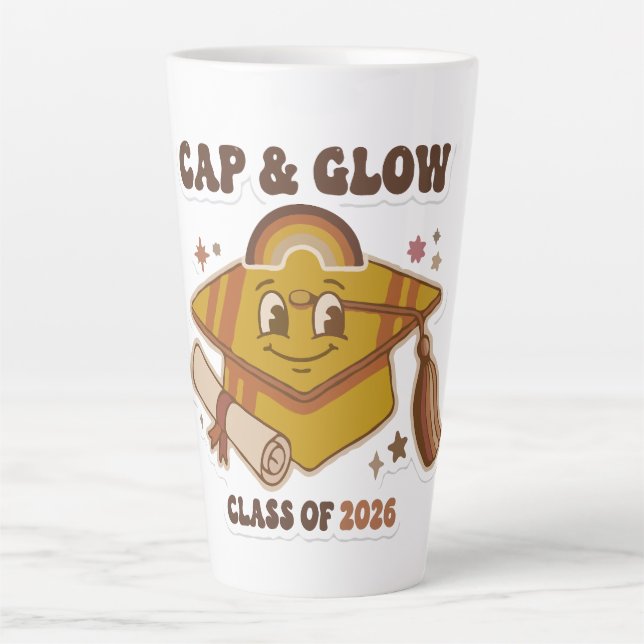 Retro Cap & Glow Class of 2026 Graduation Latte Mug (Front)