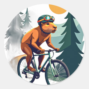 Retro Capybara Mountain Biking Adventure Classic Round Sticker