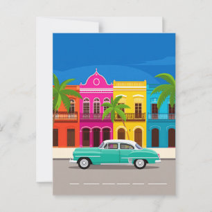 Retro Car and Colorful Colonial Buildings Cuba Postcard