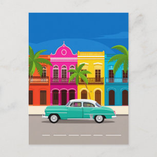 Retro Car and Colourful Colonial Buildings Cuba Postcard