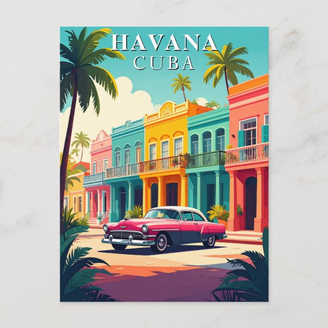 Retro Car and Colourful Colonial Buildings in Cuba Postcard (Front)