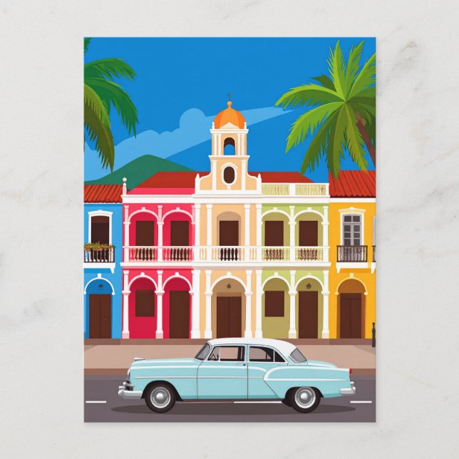Retro Car and Colourful Colonial Houses Travel Postcard (Front)