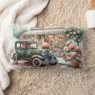 Retro Car & Blooming Boutique Scene Lumbar Pillow