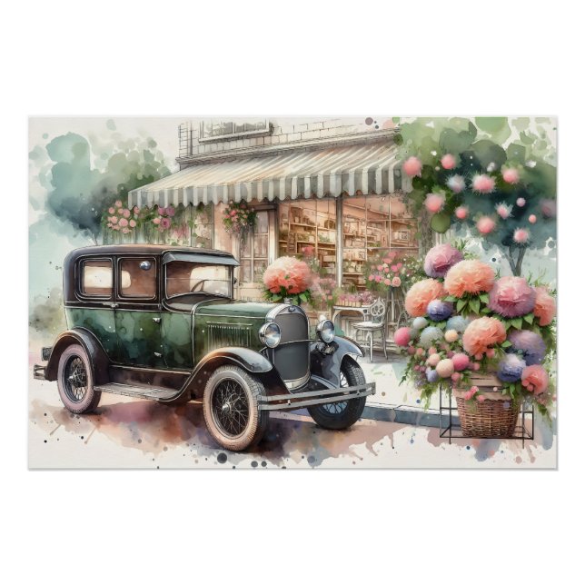 Retro Car & Blooming Boutique Scene Poster (Front)