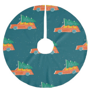 Retro Car Christmas Tree Pattern Brushed Polyester Tree Skirt