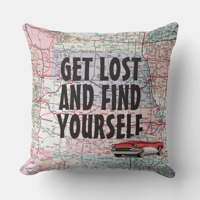 Retro Car on Road Map Throw Pillow (Front)
