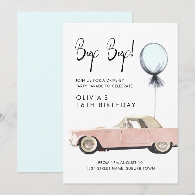 Retro Car Parade Party Drive By Rockabilly Any Age Invitation (Front/Back)