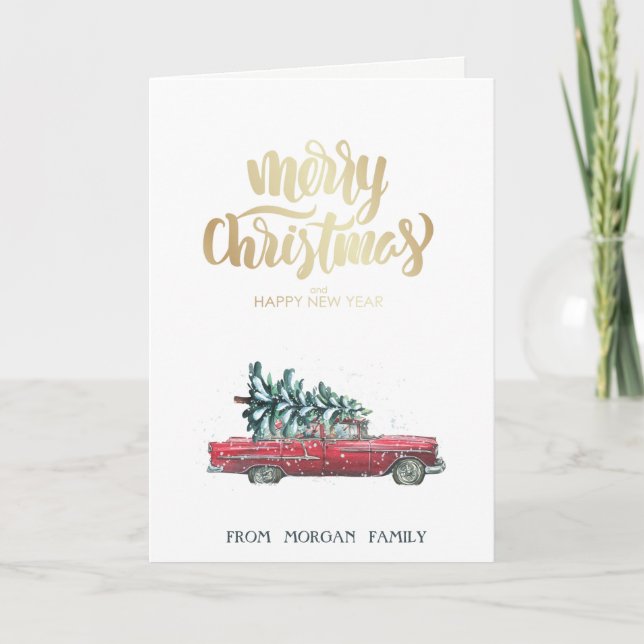 Retro Car, Pine Tree Christmas   Holiday Card (Front)