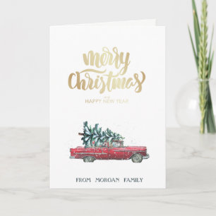 Retro Car, Pine Tree Christmas   Holiday Card