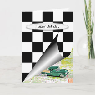 retro car with chequered flag curl card