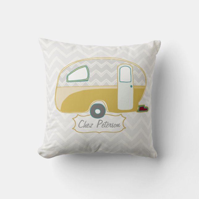 Retro Caravan Mustard Green and Grey Chevron Throw Pillow (Front)