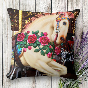 Retro Carousel Horse Photo Born to Sparkle Script Throw Pillow