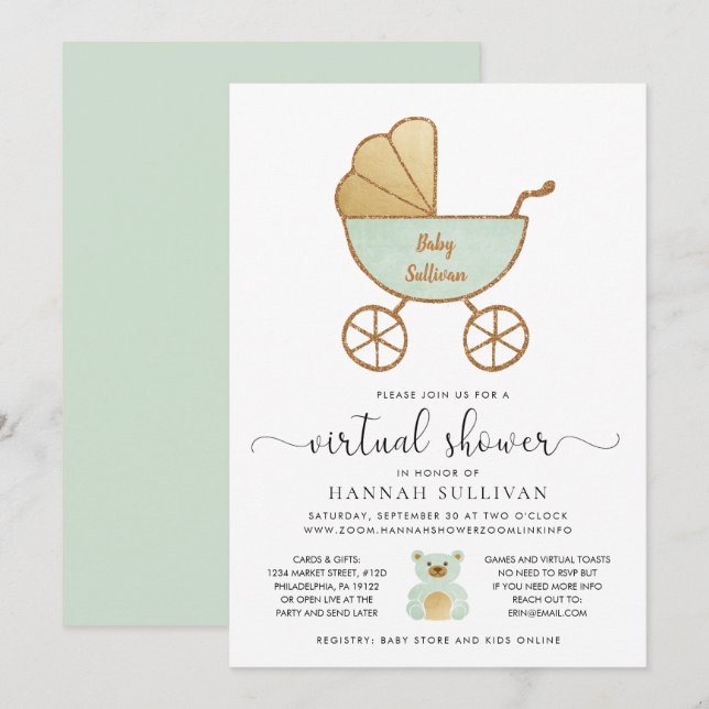 Retro Carriage Mint Gold Virtual Baby Shower Invitation (Front/Back)