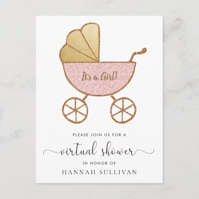 Retro Carriage Pink Glitter Virtual Baby Shower Invitation Postcard (Front)