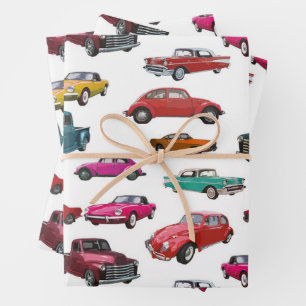 Retro Cars and Trucks Pattern Wrapping Paper Sheet
