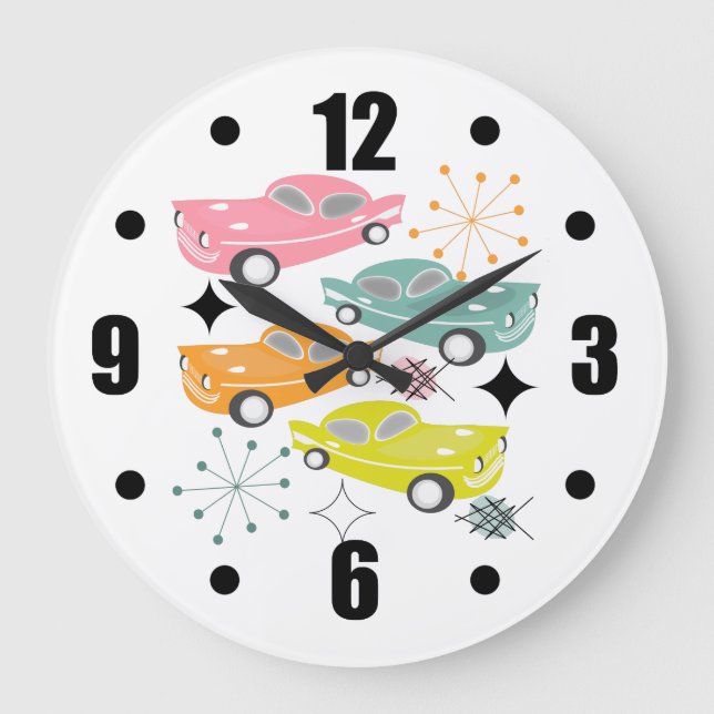 Retro Cars Atomic Starburst Modern Mid Century Large Clock (Front)