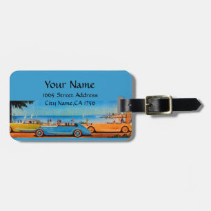 RETRO CARS , blue yellow orange Luggage Tag