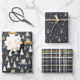 Retro Cars Christmas Woodland Trees Grey Black  Wrapping Paper Sheet